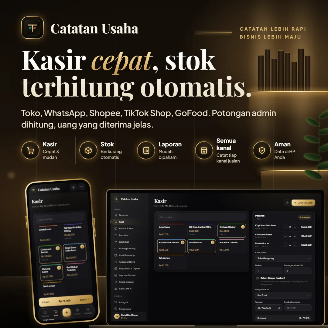 Kasir Catatan Usaha dengan keranjang 4 item di HP dan laptop