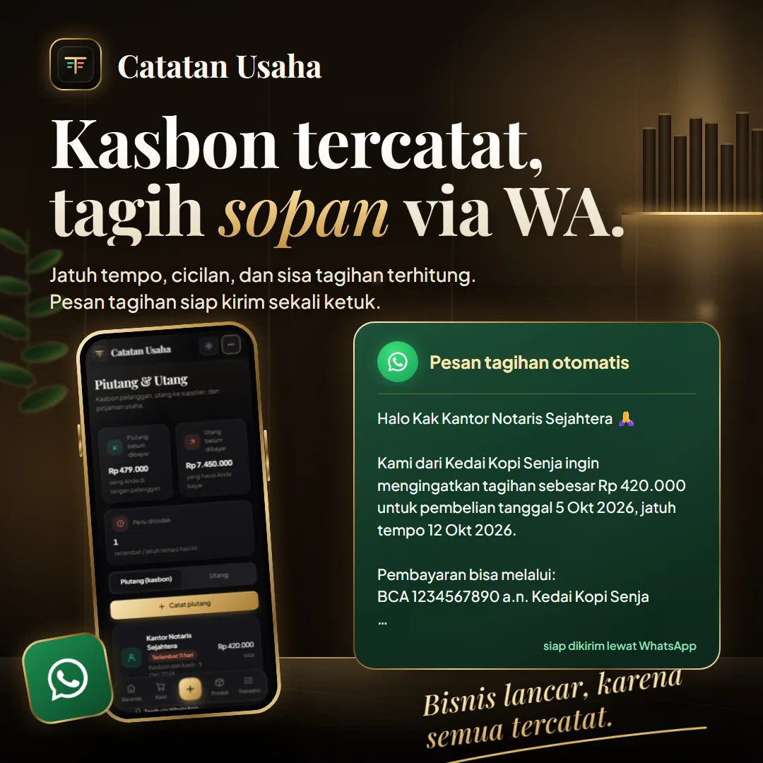 Daftar piutang dan pesan tagihan WhatsApp yang siap dikirim